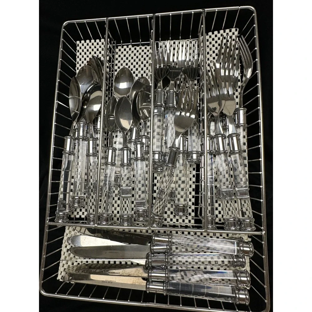 Vintage Look 32 Pce Set Flatware Clear Acrylic Handles Stainless Steel Plus Tray